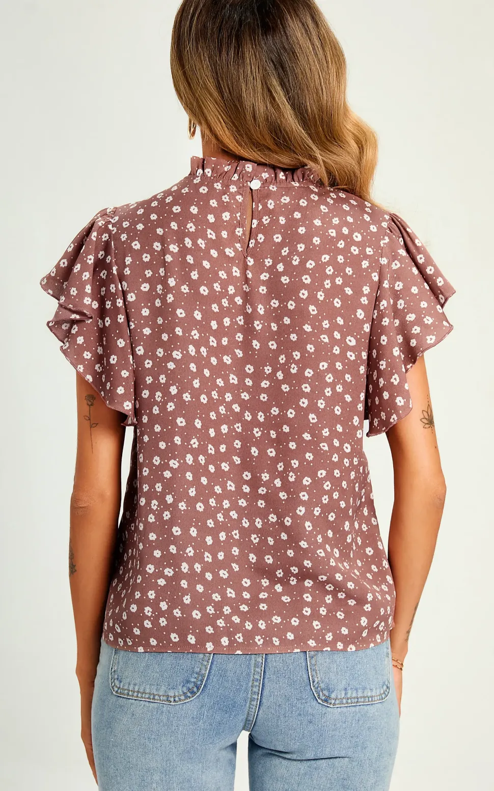 Little Flora Print Frill Angle Sleeve High Neck Top/Blouse In Brown