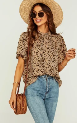 Little Heart Print Angle Sleeve High Neck Top/Blouse In Beige