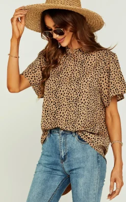 Little Heart Print Angle Sleeve High Neck Top/Blouse In Beige