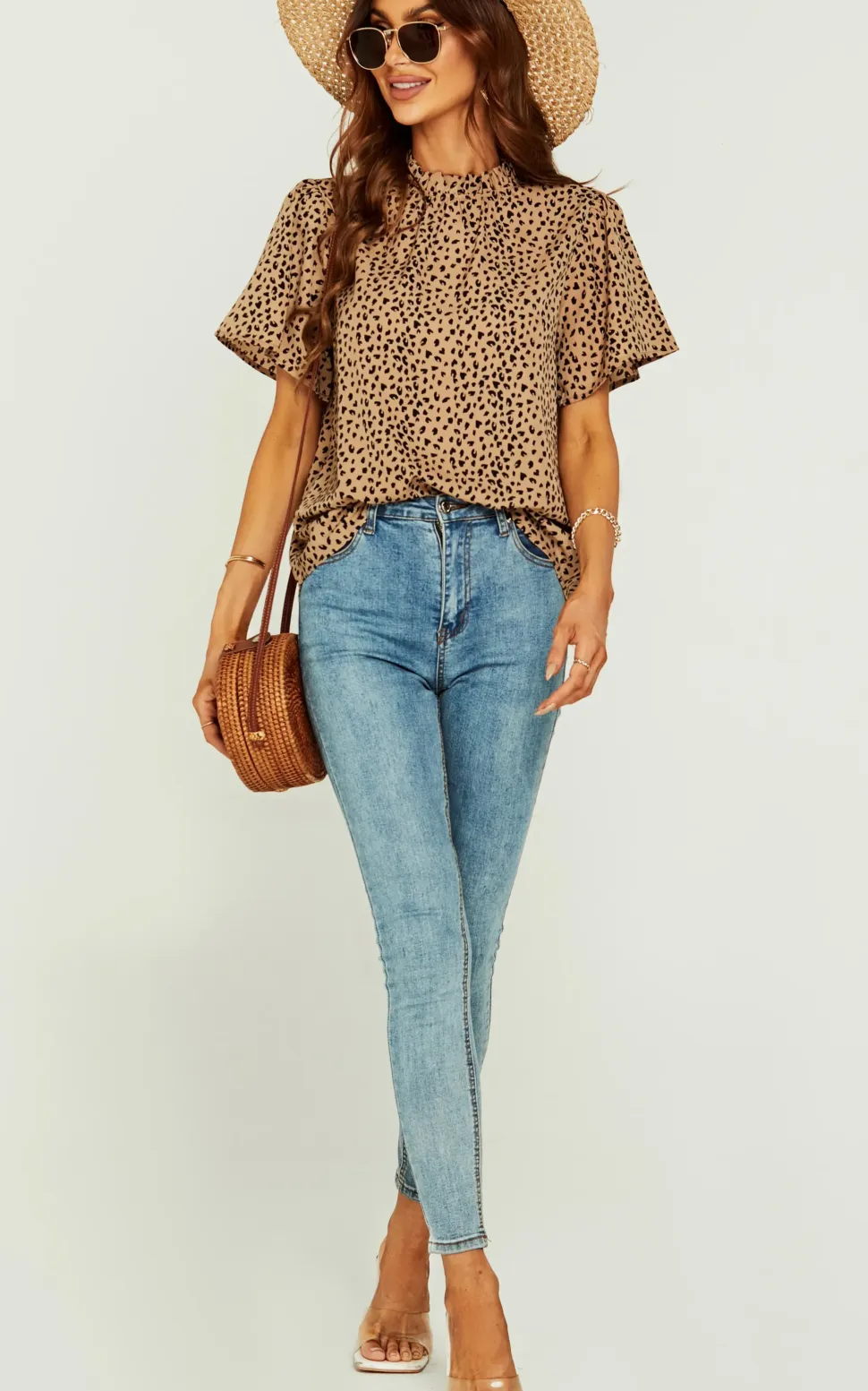 Little Heart Print Angle Sleeve High Neck Top/Blouse In Beige