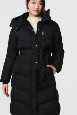 Longline Padded Tie Waist Hooded Coat