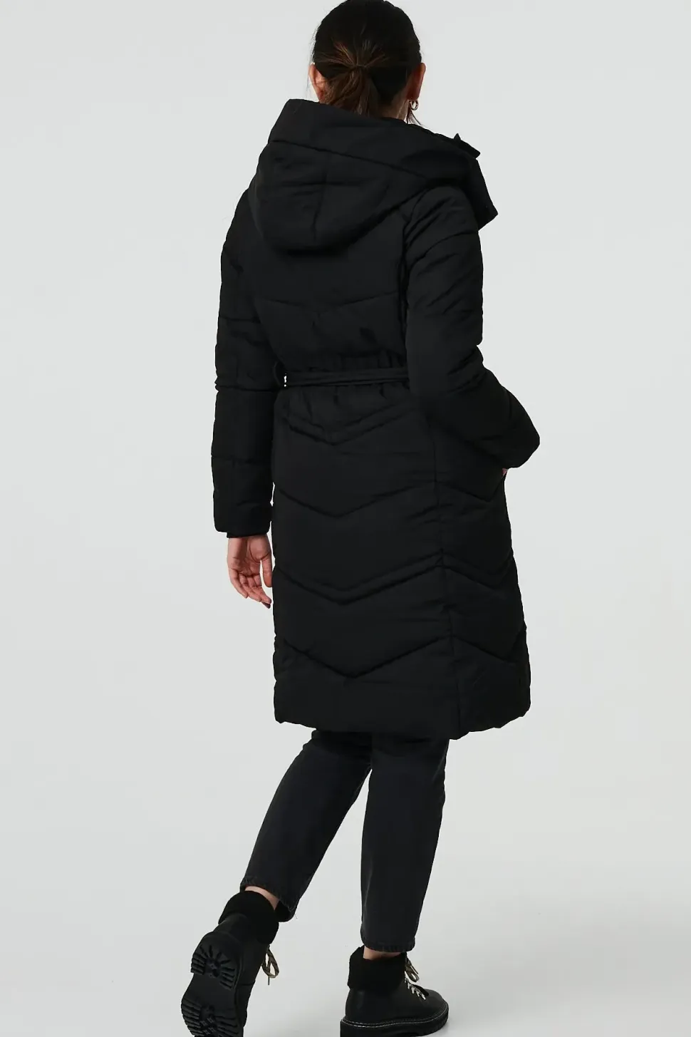 Longline Padded Tie Waist Hooded Coat