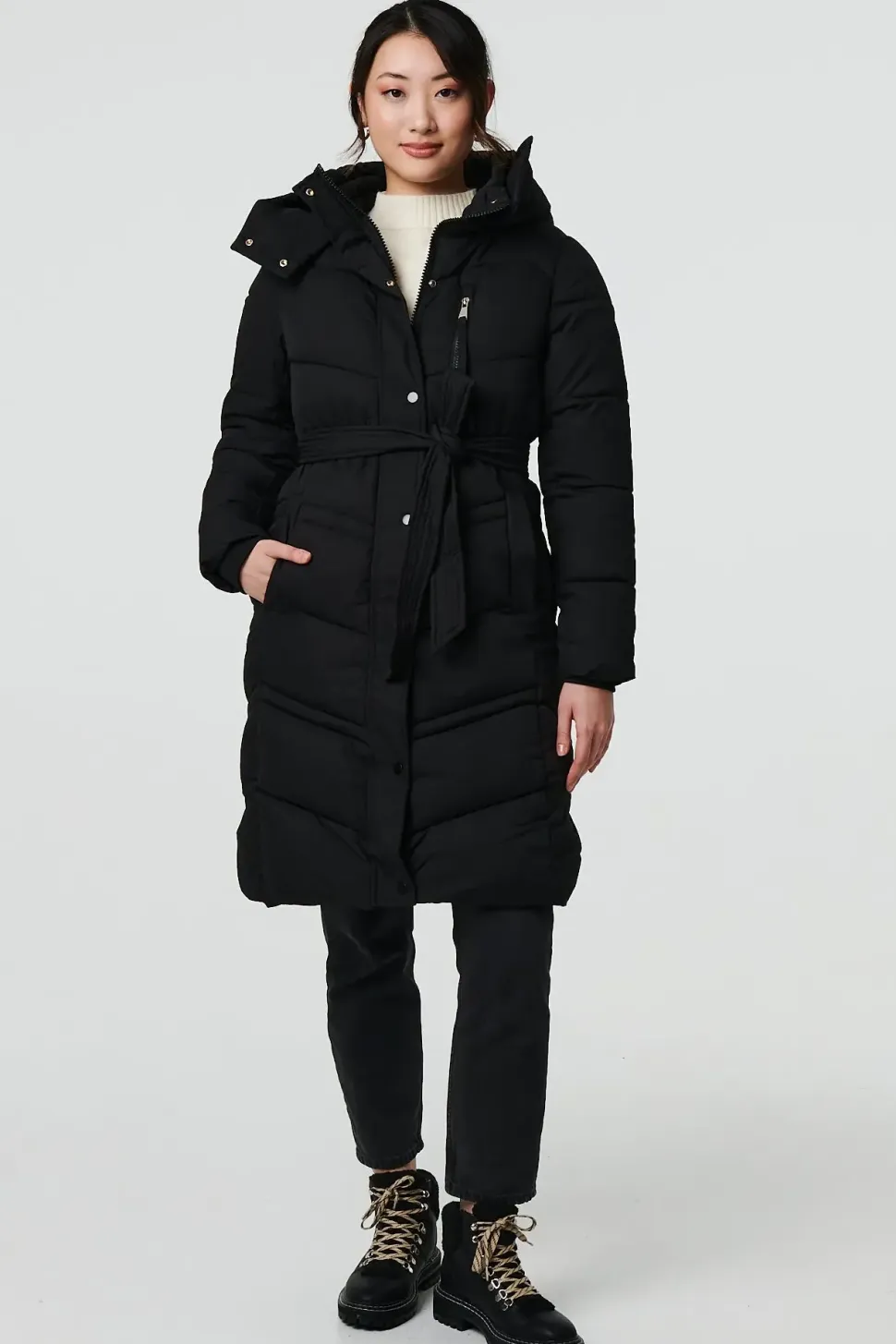 Longline Padded Tie Waist Hooded Coat