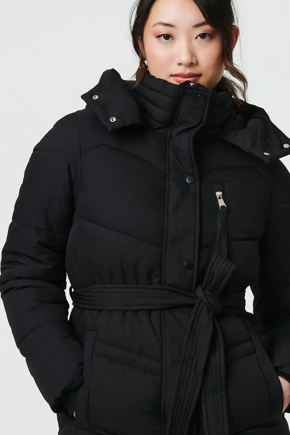 Longline Padded Tie Waist Hooded Coat