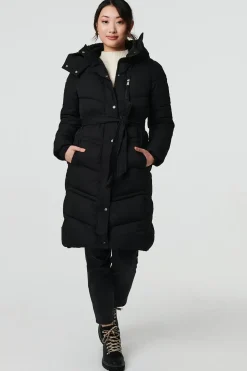 Longline Padded Tie Waist Hooded Coat