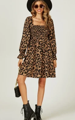 Long Puff Sleeve Mini Dress In Brown Leopard Print