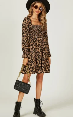 Long Puff Sleeve Mini Dress In Brown Leopard Print