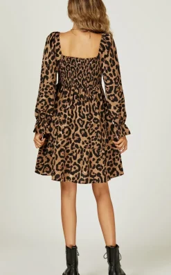 Long Puff Sleeve Mini Dress In Brown Leopard Print