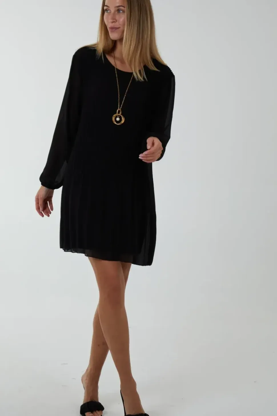Long Sleeeve Pleated Shift Dress