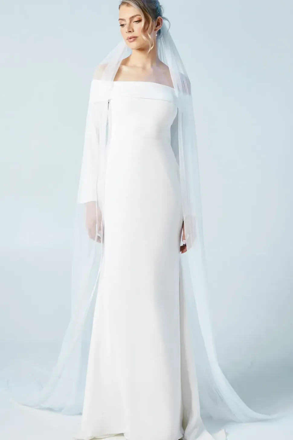 Long Sleeve Bardot Crepe Maxi Wedding Dress