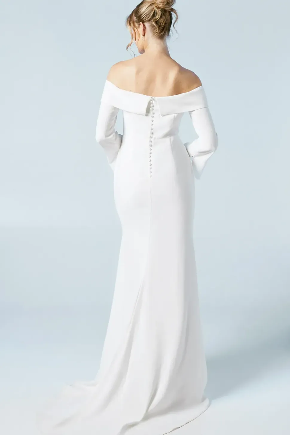 Long Sleeve Bardot Crepe Maxi Wedding Dress