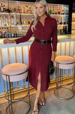 Long Sleeve Belted Shirt Midi Dress