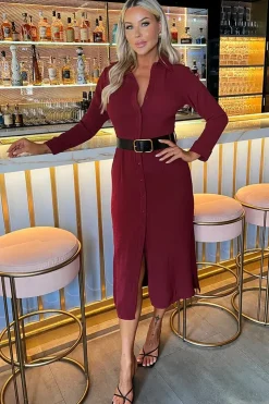 Long Sleeve Belted Shirt Midi Dress