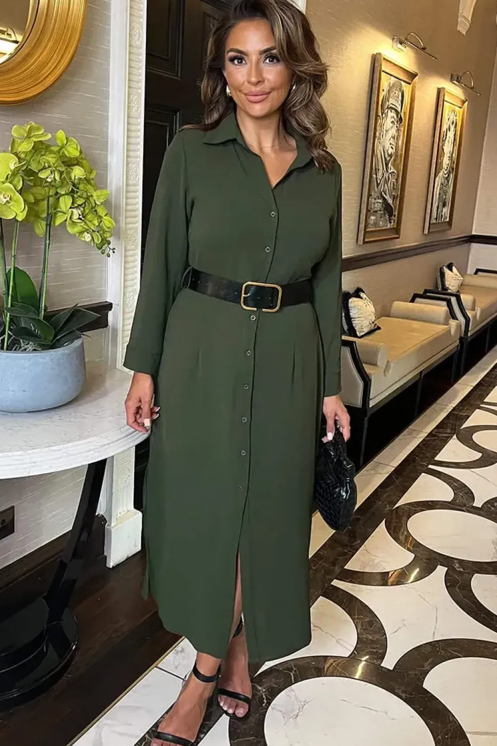 Long Sleeve Belted Shirt Midi Dress
