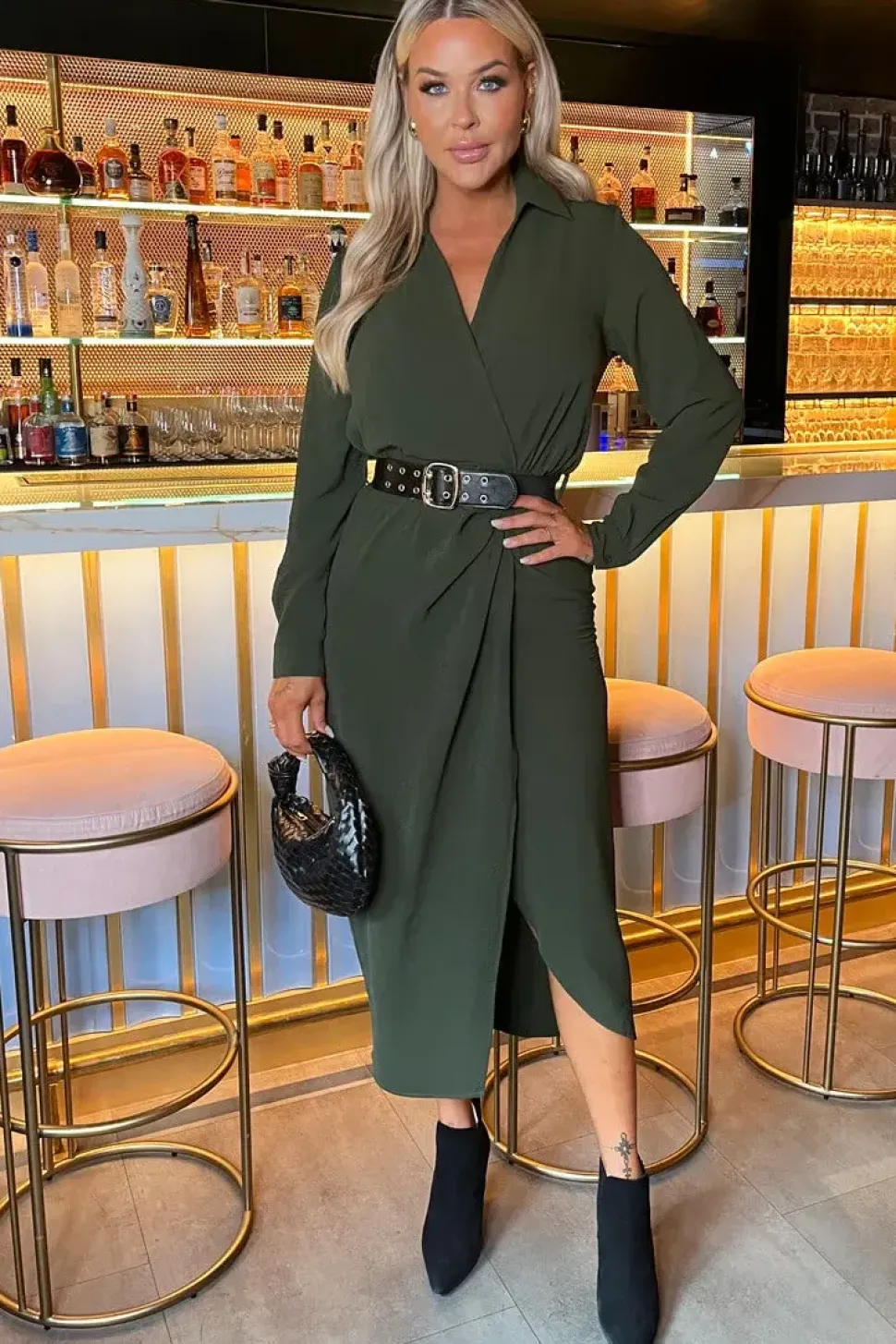 Long Sleeve Belted Wrap Midi Shirt Dress