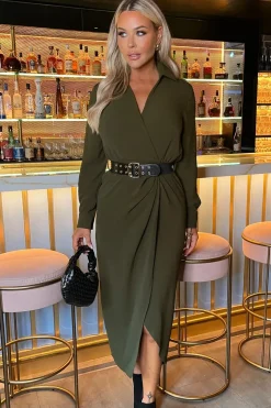 Long Sleeve Belted Wrap Midi Shirt Dress