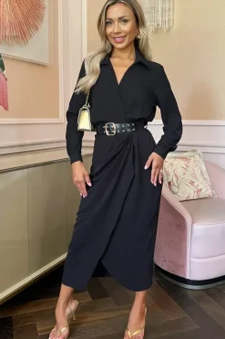 Long Sleeve Belted Wrap Midi Shirt Dress