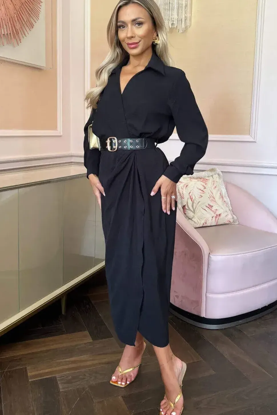 Long Sleeve Belted Wrap Midi Shirt Dress