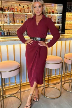 Long Sleeve Belted Wrap Midi Shirt Dress