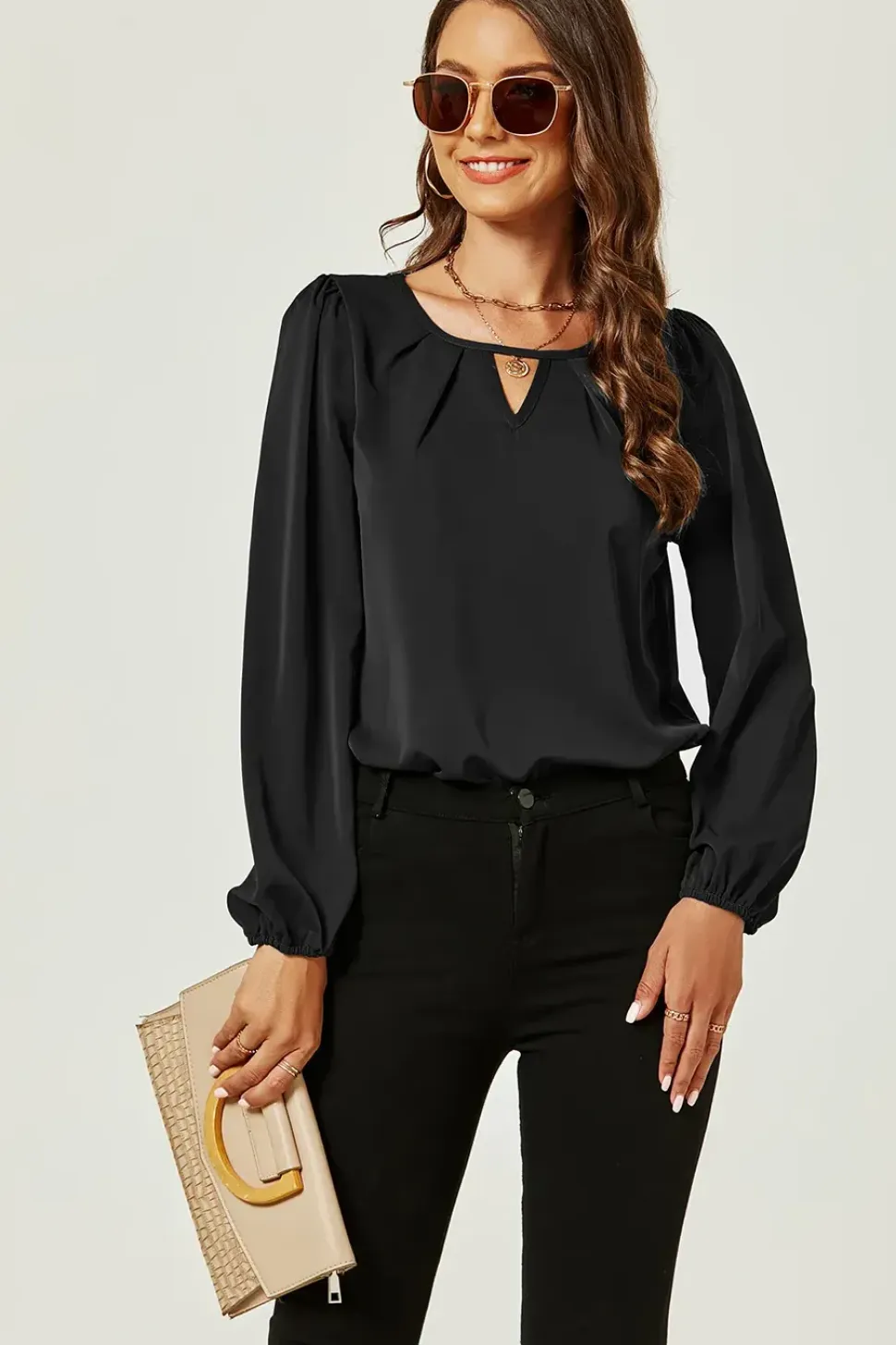 Long Sleeve Cut Detailed Neckline Blouse Top