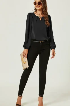 Long Sleeve Cut Detailed Neckline Blouse Top