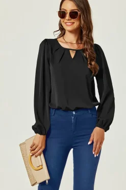 Long Sleeve Cut Detailed Neckline Blouse Top