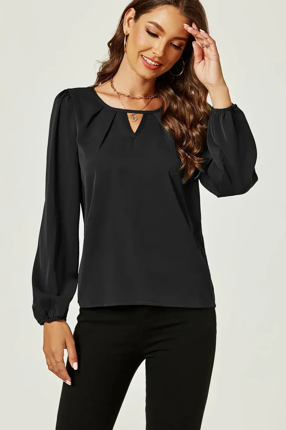 Long Sleeve Cut Detailed Neckline Blouse Top