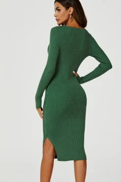 Long Sleeved Ribbed Knit Midi Dress In Dark Green