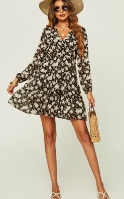 Long Sleeve Floral Layer Wrap Mini Dress In Black