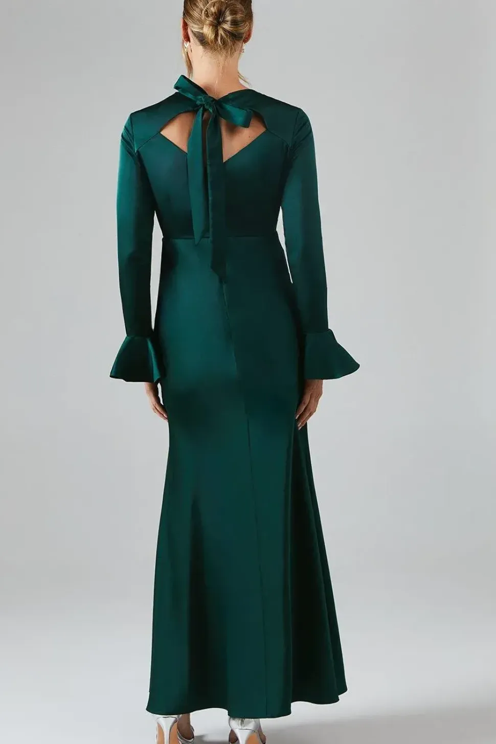 Long Sleeve Flute Hem Satin Bridesmaid Dress