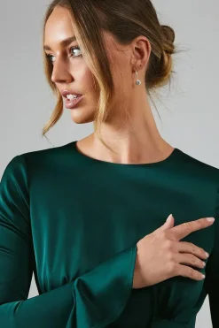 Long Sleeve Flute Hem Satin Bridesmaid Dress