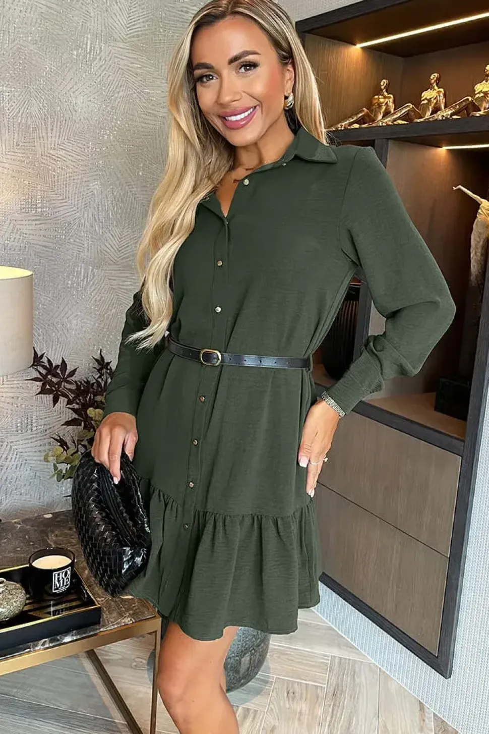 Long Sleeve Frill Hem Mini Shirt Dress