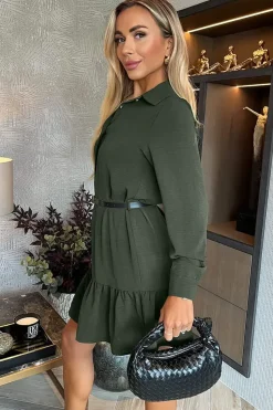 Long Sleeve Frill Hem Mini Shirt Dress