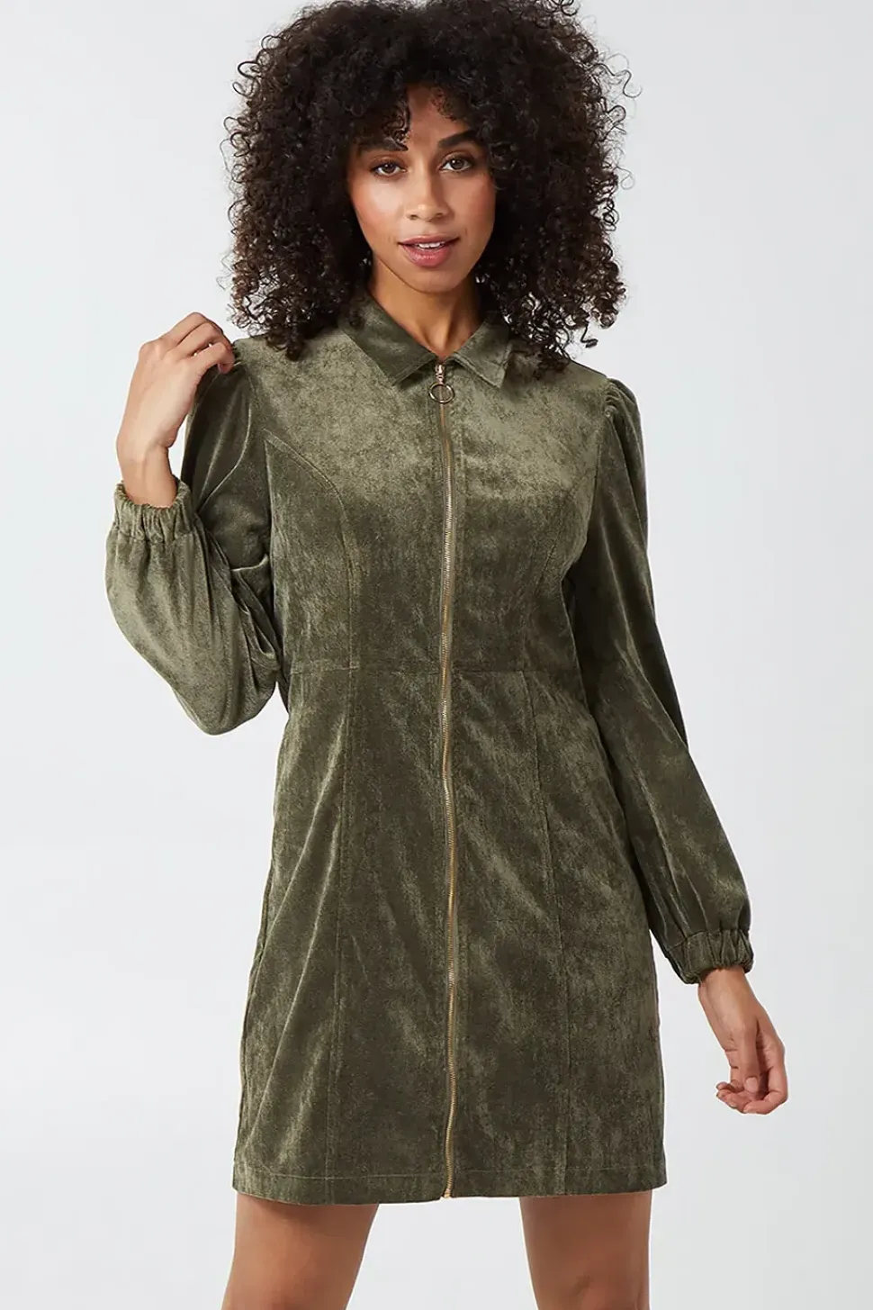 Long Sleeve Front Zip Cord Dress