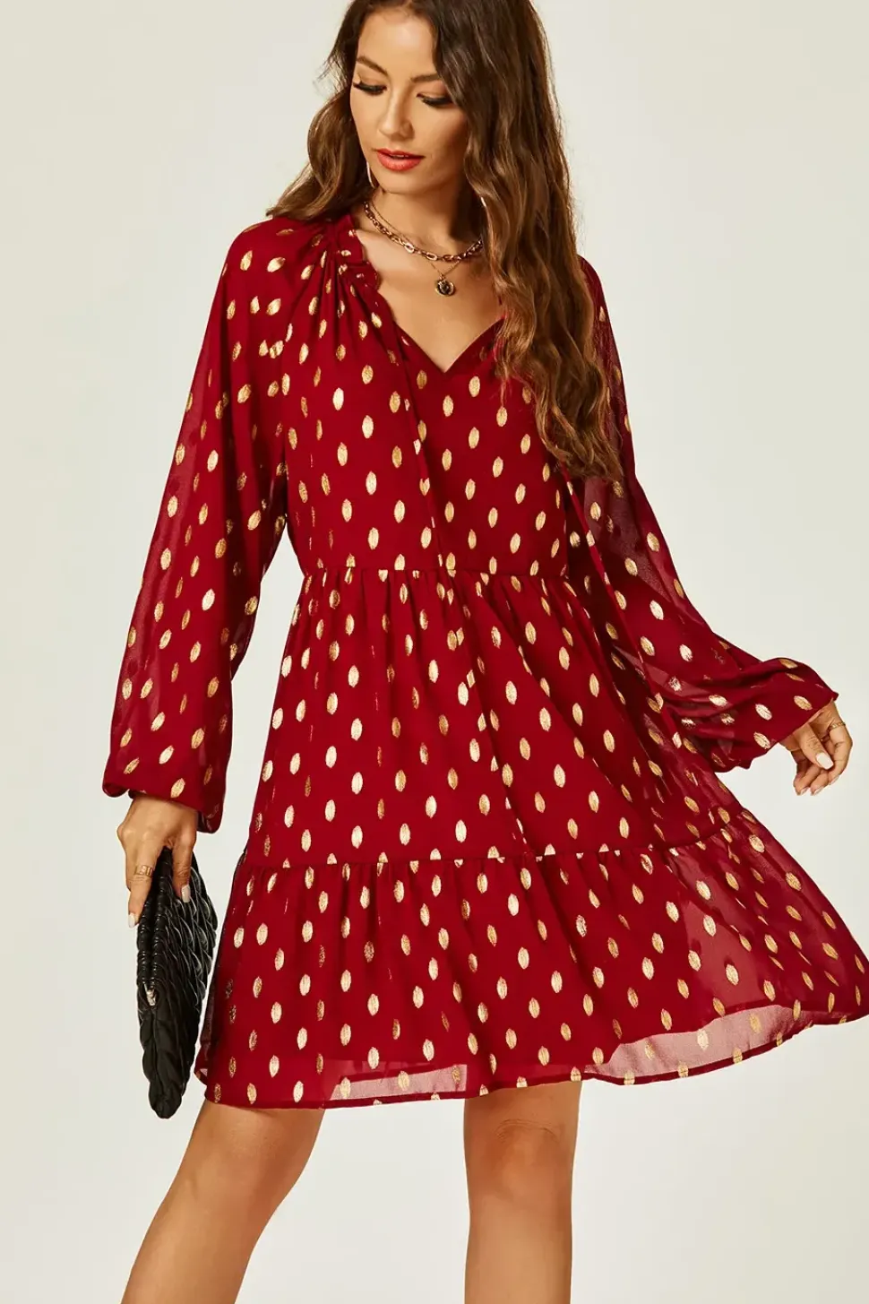 Long Sleeve Gold Foil Smock Mini Dress