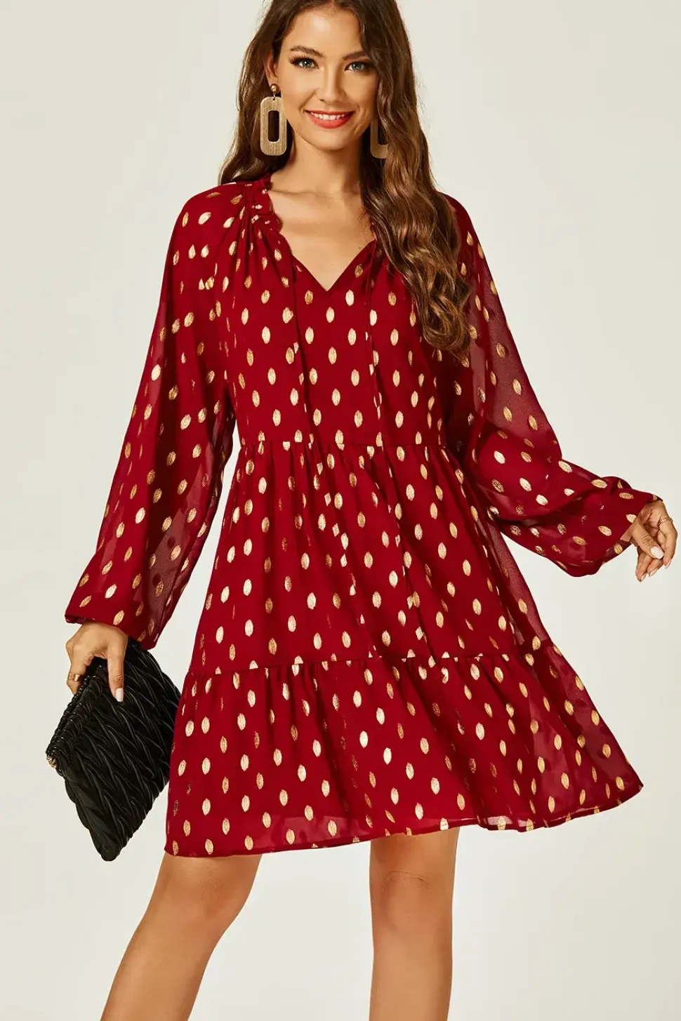 Long Sleeve Gold Foil Smock Mini Dress