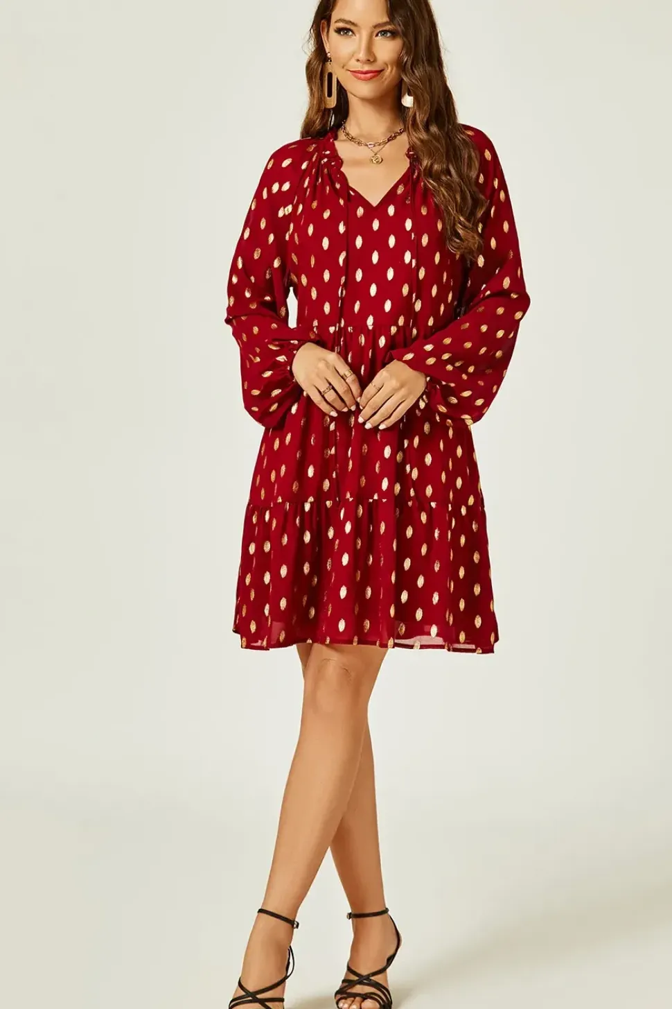 Long Sleeve Gold Foil Smock Mini Dress