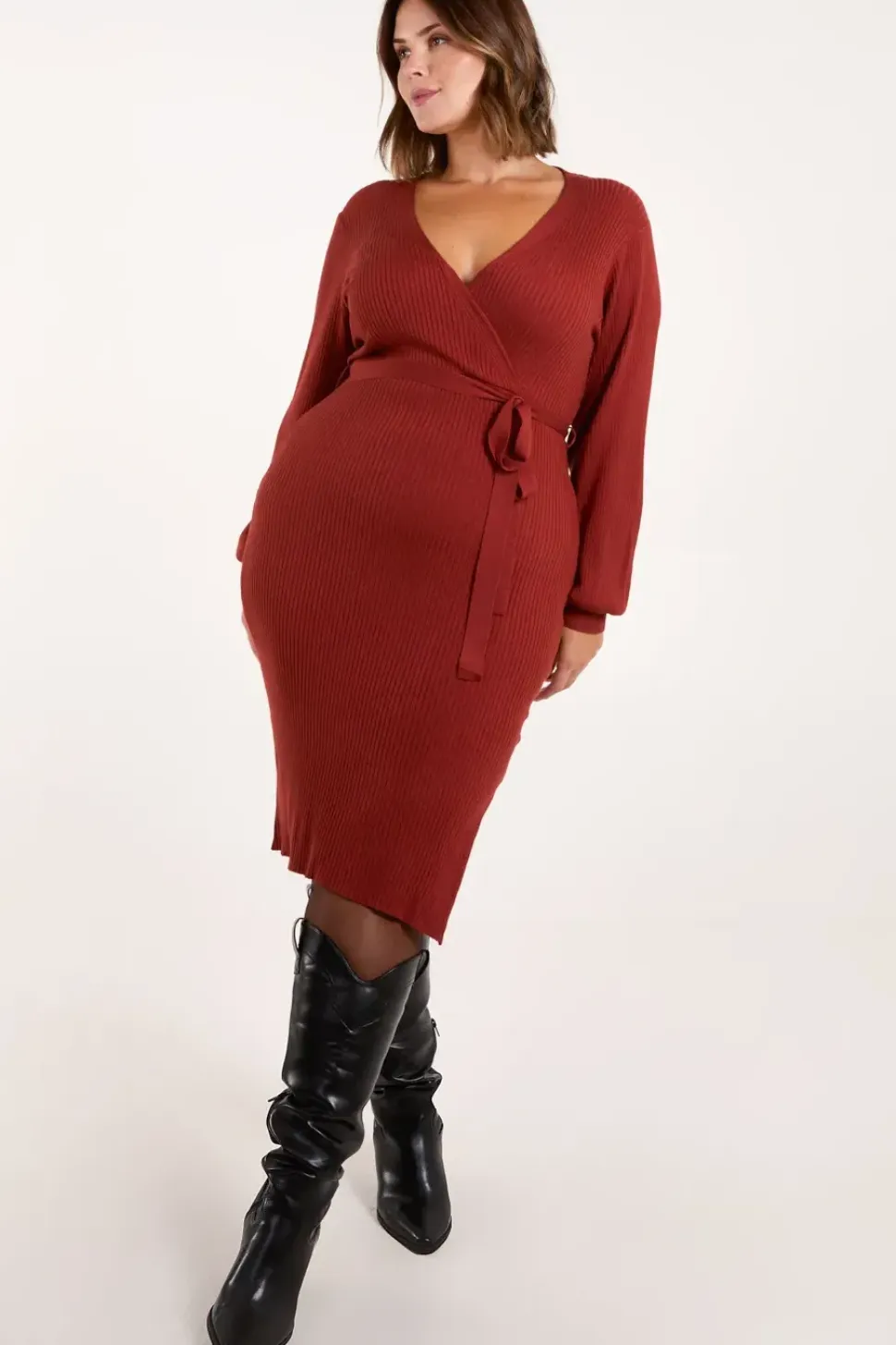 Long Sleeve Knitted Wrap Dress
