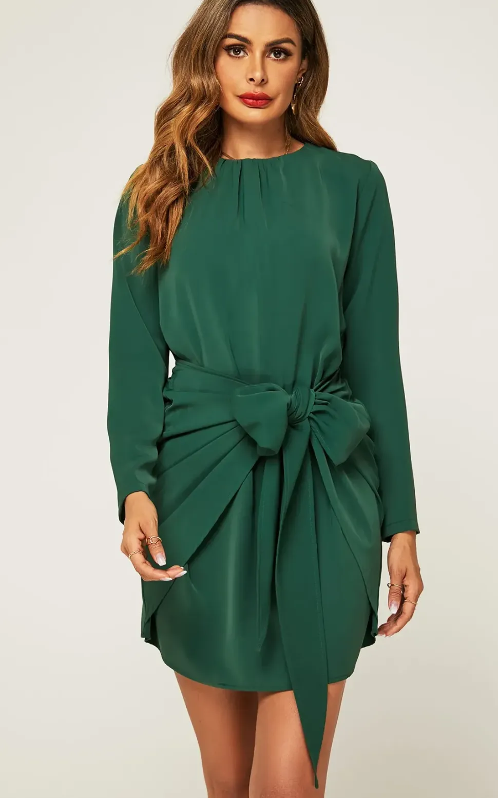 Long Sleeve Knot Tie Front Mini Dress In Green