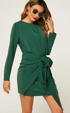 Long Sleeve Knot Tie Front Mini Dress In Green