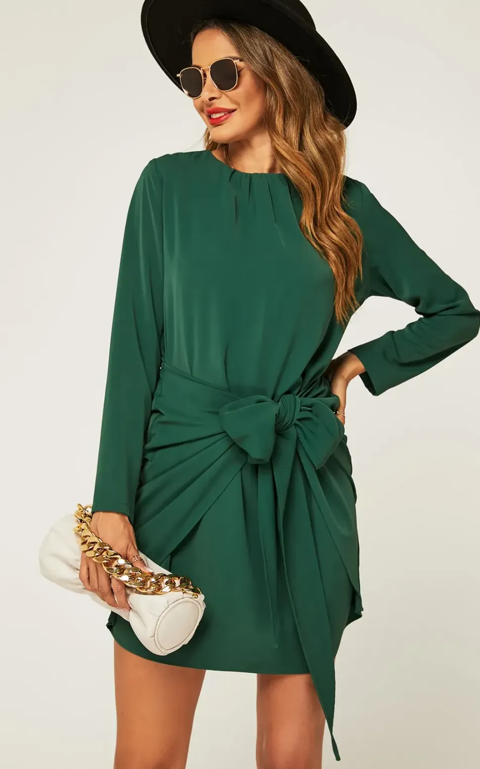 Long Sleeve Knot Tie Front Mini Dress In Green