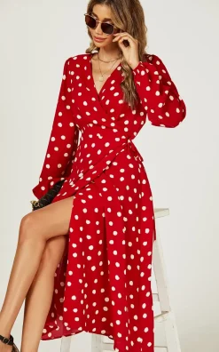 Long Sleeve Midi Wrap Dress In Red Dot Print