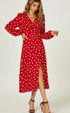 Long Sleeve Midi Wrap Dress In Red Dot Print