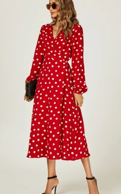 Long Sleeve Midi Wrap Dress In Red Dot Print