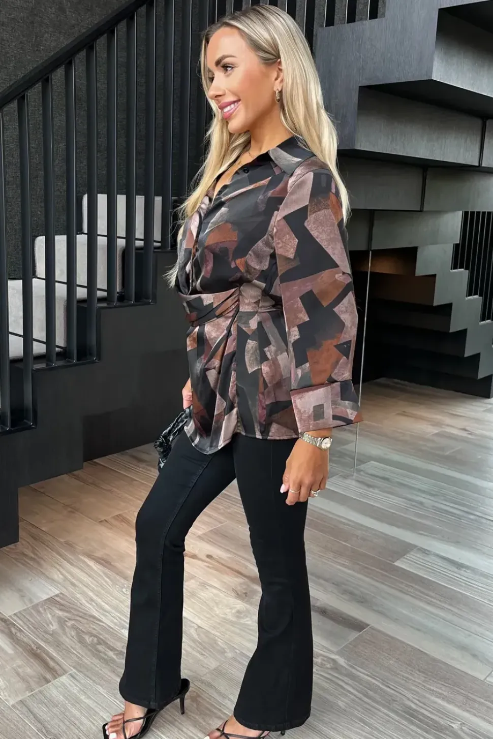 Long Sleeve Printed Gathered Waist Shirt Top