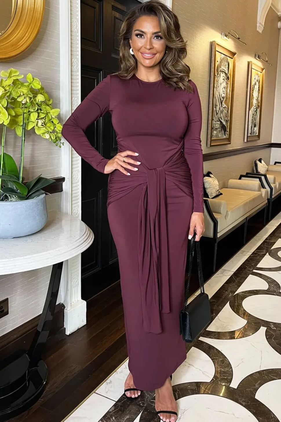 Long Sleeve Sash Bodycon Midi Dress
