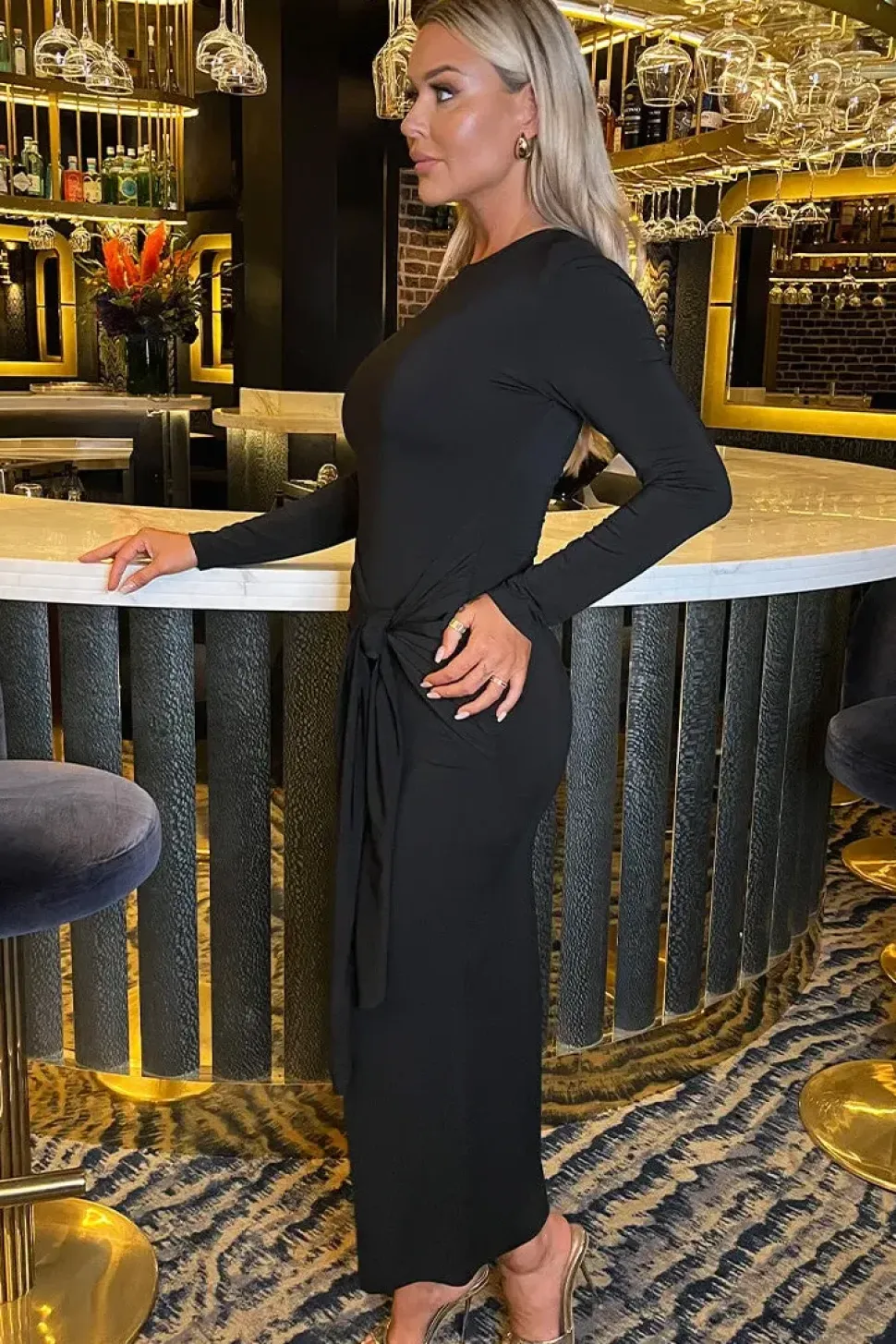 Long Sleeve Sash Bodycon Midi Dress