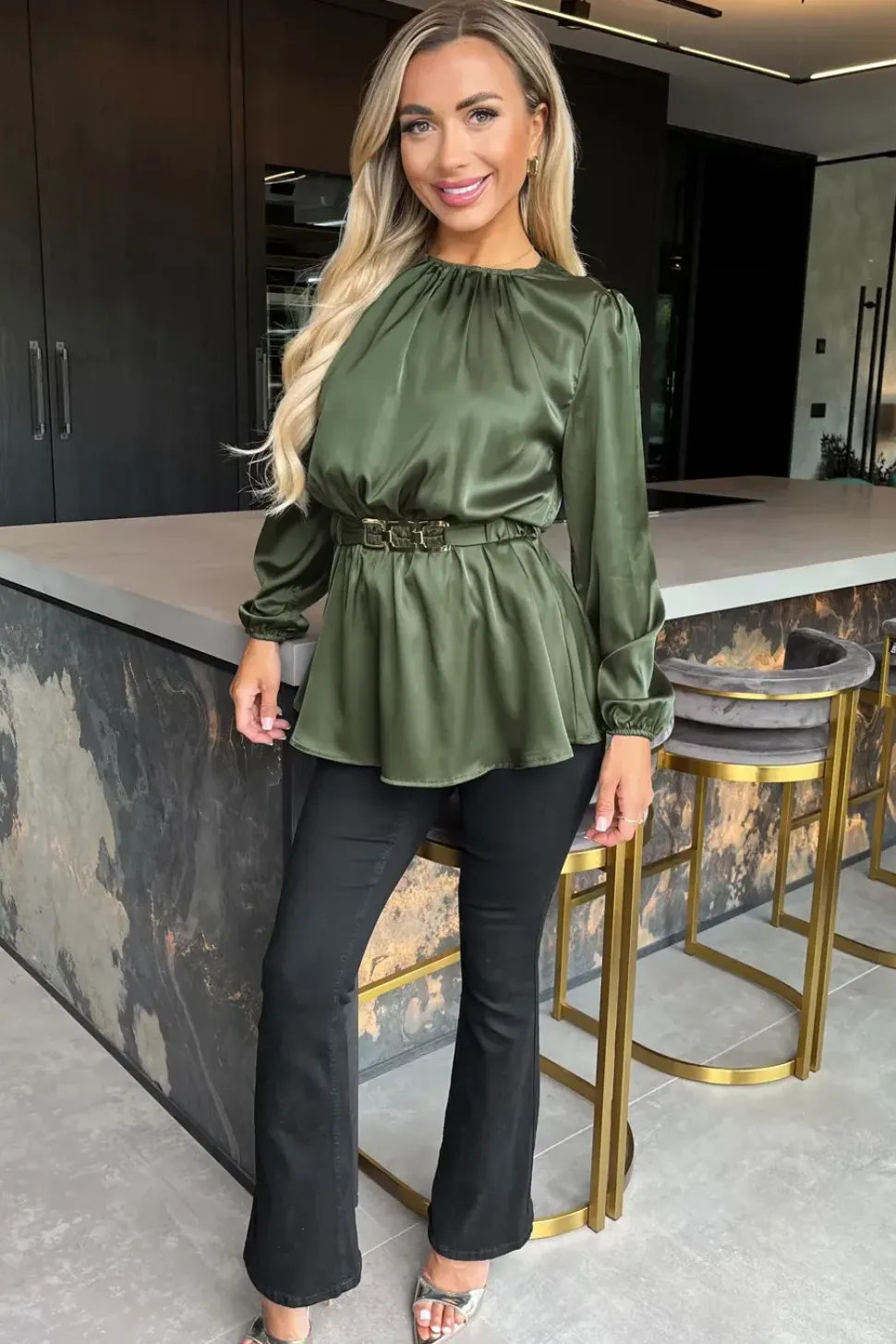 Long Sleeve Satin Belted Top