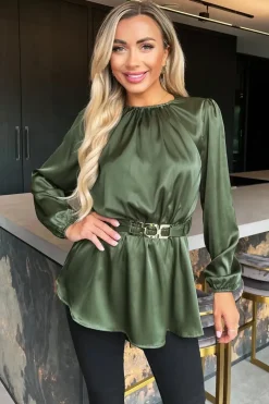 Long Sleeve Satin Belted Top
