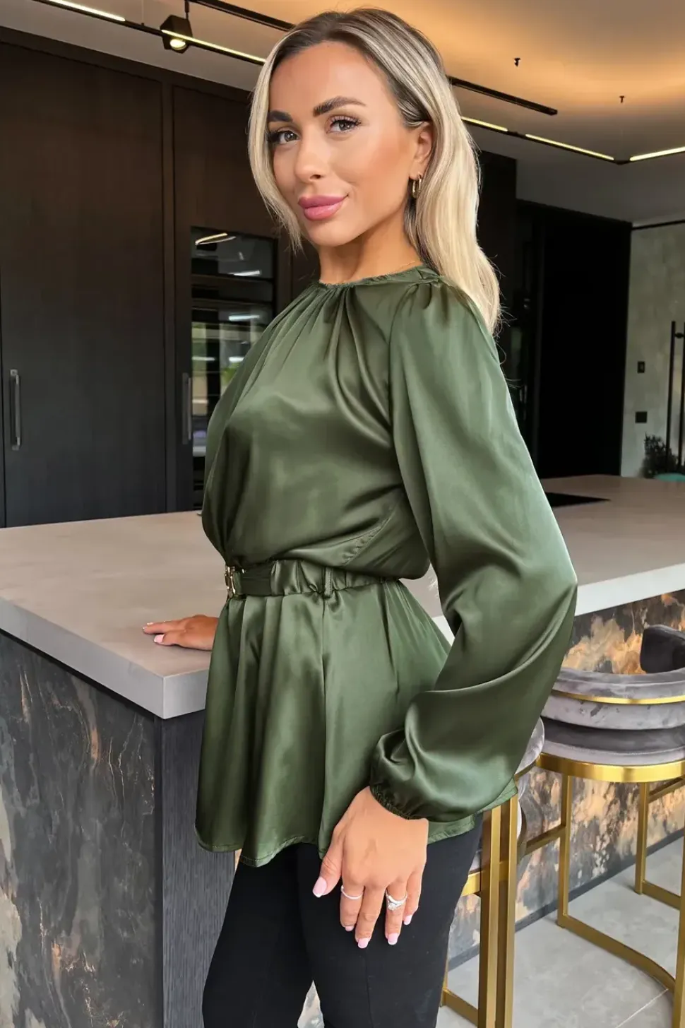 Long Sleeve Satin Belted Top